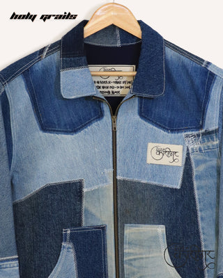 Streetwear Style 'Leftover' Blue Upcycled Denim Jacket HG x Just A Karigar - Front Close Up