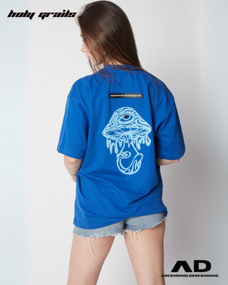 Streetwear Style 'Magic Mushroom' Blue Oversized 250 GSM French Terry Cotton T-Shirt - Back Pose