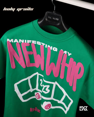 Streetwear Style 'Manifesting My New Wimp' Green Oversized 240 GSM 100% Cotton T-Shirt HG x Pvt Ltd - Front Top Close Up Hanged