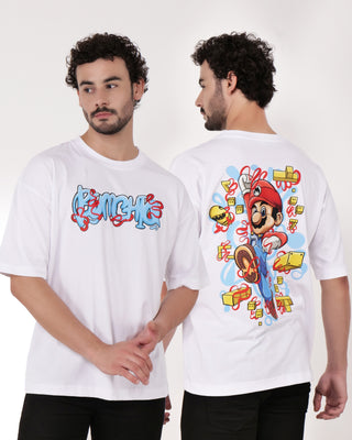 Streetwear Style 'Mario' White Oversize Fit 240 GSM French Terry Cotton T-Shirt - Front & Back