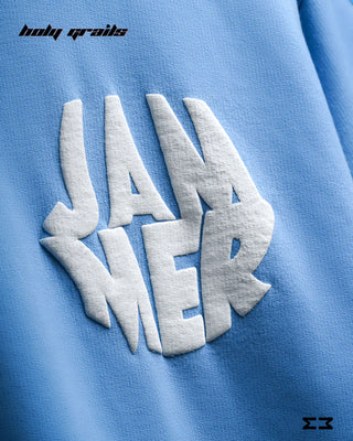 Streetwear Style 'Mind With You' Blue 240 GSM 100% Cotton Graphic Puff Print Oversize Tee HG x Jammer - Front Close Up