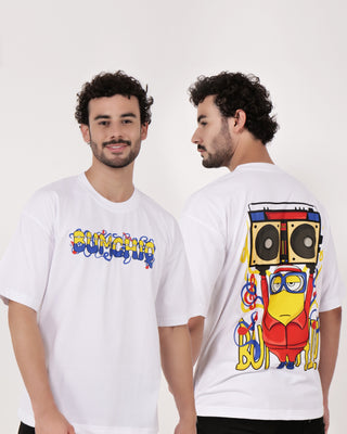 Streetwear Style 'Minions' White Oversize Fit 240 GSM French Terry Cotton T-Shirt - Front & Back