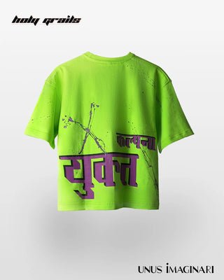 Streetwear Style 'संयुक्त कल्पना' Neon Green 240 GSM 100% Cotton Crop Oversize Graphic Tee HG x Unus Imaginari - Back