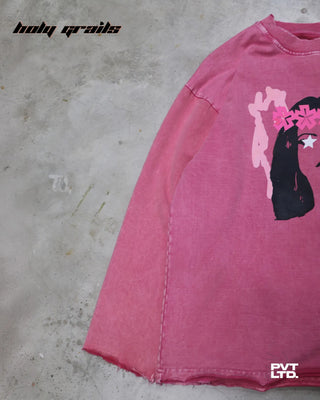 Streetwear Style 'No Time 4 Luv' Pink Full Sleeve 260 GSM French Terry Cotton T-Shirt HG x Pvt Ltd - Front Side Close Up