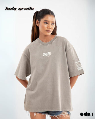 Streetwear Style 'OdD.1 Troupe' Alfalfa Brownish Grey Oversized 240 GSM 100% Cotton Tee HG x OdD.1 - Front Close Girl