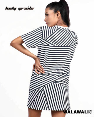 Streetwear Style 'Optical Stripe' Black & White 100% Cotton Skinny Fit T-Shirt Dress HG X WalaWali - Back