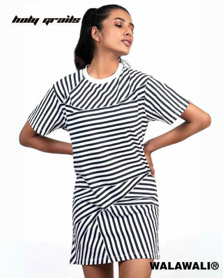 Streetwear Style 'Optical Stripe' Black & White 100% Cotton Skinny Fit T-Shirt Dress HG X WalaWali - Front