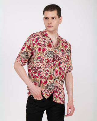 Streetwear Style 'Paisley Red' Oversize Fit Poplin Shirt - Front