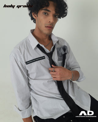 Streetwear Style 'Pocket Square' White Premium Cotton Full Sleeve Classic Striped Shirt HG x AD - Front Close Up 2