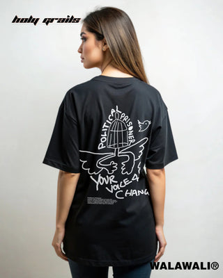 Streetwear Style 'Political Prisoner' Black 100% Cotton Oversize Graphic Tee HG X WalaWali - Women Back