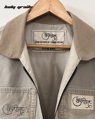 Streetwear Style 'Reborn' Grey Upcycled Denim Jacket HG x Just A Karigar - Front Close Up