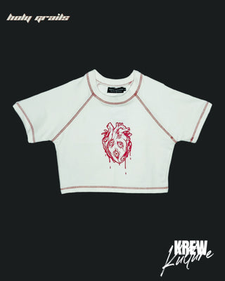 Streetwear Style 'Red Heart' White French Terry Cotton 240 GSM Crop Top - Front