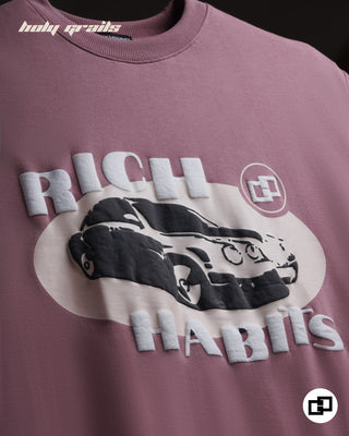 Streetwear Style 'Rich Habits' Onion Pink Oversized 250 GSM Terry Cotton Tee HG x Grey Hound Clothing - Front Close Up