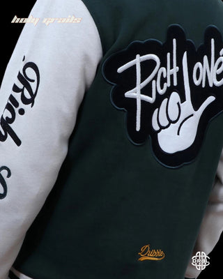 Streetwear Style 'Rich Loner x Bottle Green' Cotton Mix Oversize Varsity Jacket HG x DRBL - Back Side Close Up