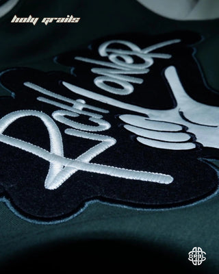 Streetwear Style 'Rich Loner x Bottle Green' Cotton Mix Oversize Varsity Jacket HG x DRBL - Back Print Close Up