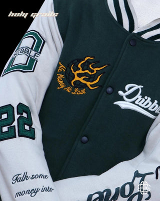 Streetwear Style 'Rich Loner x Bottle Green' Cotton Mix Oversize Varsity Jacket HG x DRBL - Front Close Up