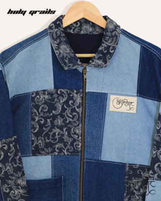 Streetwear Style 'Rubix Cube' Blue Upcycled Denim Jacket HG x Just A Karigar - Front Close Up