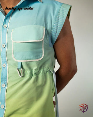 Streetwear Style 'Seafoam Drawcord' Blue Green Sleeveless Oversize Shirt with 120 GSM Polycotton & 140 GSM Cotton Twlll HG x Duskin - Side Pocket Close