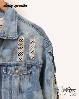 Streetwear Style 'Sheep In Wolf' Blue Upcycled Denim Jacket HG x Just A Karigar - Front Close Up