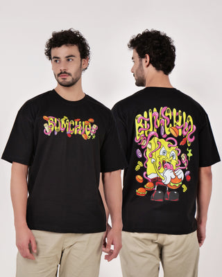 Streetwear Style 'Sponge Bob' Black Oversize Fit 240 GSM French Terry Cotton T-Shirt - Front & Back