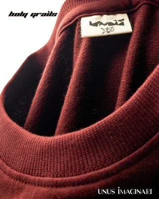 Streetwear Style 'Strike' Maroon Red 240 GSM 100% Cotton Oversize Graphic Tee HG x Unus Imaginari - Front Collar Tag Close Up