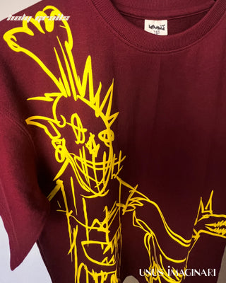 Streetwear Style 'Strike' Maroon Red 240 GSM 100% Cotton Oversize Graphic Tee HG x Unus Imaginari - Front Print Close Up