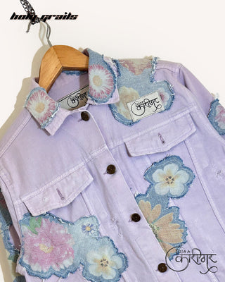 Streetwear Style 'Summer Crush' Lavender Blue Upcycled Denim Jacket HG x Just A Karigar - Front Close Up