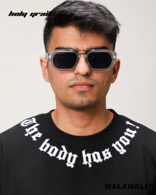 Streetwear Style 'The Body Has You!' Black 230 GSM 100% Cotton Oversize Graphics Tee HG X WalaWali - Front Neck Close Up