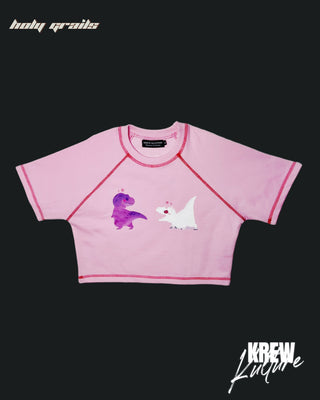 Streetwear Style 'The Dinos' Pink French Terry Cotton 240 GSM Crop Top - Front