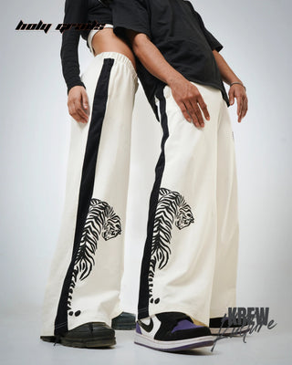 Men & Women in Streetwear Style 'The MoonSplit' White 240 GSM French Terry Lycra Screen Printed Lower HG x Krewe Kulturr - Side