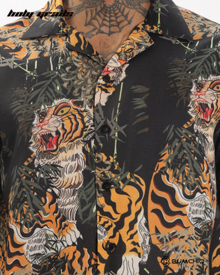 Streetwear Style 'Tiger Tropicana' Multi Color Oversize Half Sleeve Spread Collar Shirt HG x Bumchiq - Front Close Up