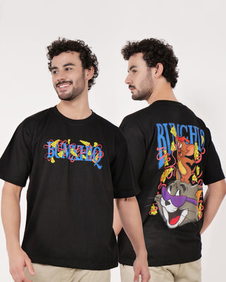 Streetwear Style 'Tom & Jerry' Black Oversize Fit 240 GSM French Terry Cotton T-Shirt - Front & Back