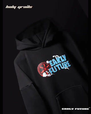 Streetwear Style 'Turbo Speed' Jet Black 380 GSM 100% Cotton Fleece Oversize Hoodie HG x Early Future - Front Close