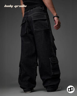 Streetwear Style 'U10 Denim Cargo' Black Oversized Heavy Denim Fabric Pants HG x Grey Hound Clothing - Back