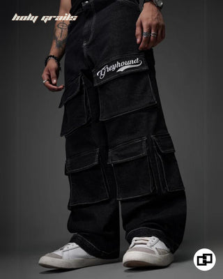 Streetwear Style 'U10 Denim Cargo' Black Oversized Heavy Denim Fabric Pants HG x Grey Hound Clothing - Front 