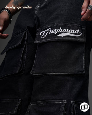 Streetwear Style 'U10 Denim Cargo' Black Oversized Heavy Denim Fabric Pants HG x Grey Hound Clothing - Front Close Up