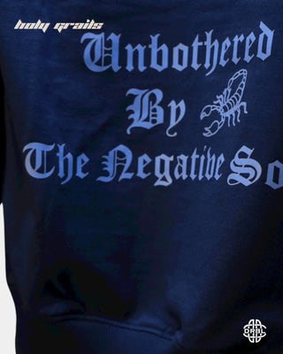 Streetwear Style 'Unbothered' Denim Blue 325 GSM Cotton 60% Polyester 40% Oversize Hoodie HG x DRBL - Back Print Close Up 1