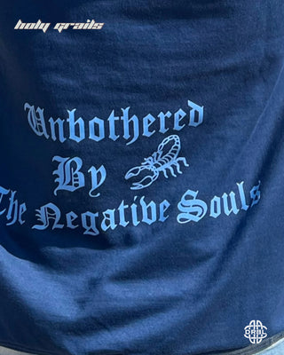 Streetwear Style 'Unbothered' Denim Blue 325 GSM Cotton 60% Polyester 40% Oversize Hoodie HG x DRBL - Back Print Close Up 2