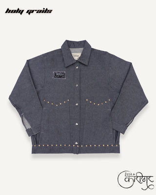 Streetwear Style 'Vintage Rock' Dark Grey Denim Jacket - Front
