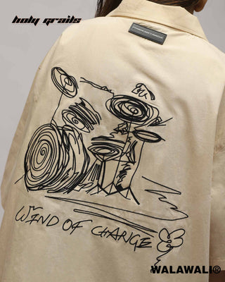 Streetwear Style 'Wind of change' Cream 100% Cotton Popin Graphic Bowling Shirt (With Embroidery) HG X WalaWali - Back Close