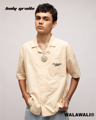 Streetwear Style 'Wind of change' Cream 100% Cotton Popin Graphic Bowling Shirt (With Embroidery) HG X WalaWali - Front 1