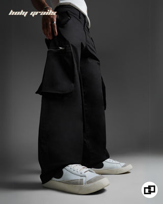 Streetwear Style 'Work Shop Cargo' Black Oversized Premium luxury heavy & cotton-blend fabric Pants HG x Grey Hound - Side