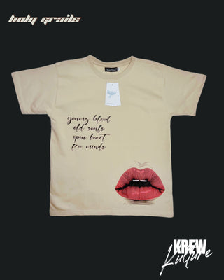Streetwear Style 'Young Blood & Soul' Beige French Terry Cotton 240 GSM Tee-Shirt - Front