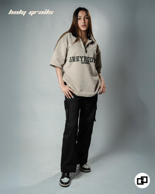 Streetwear Style 'Zipper Flared Black Cargo' Oversized Fit Premium Fabric Pants HG x Grey Hound Clothing - Front Front Female Model