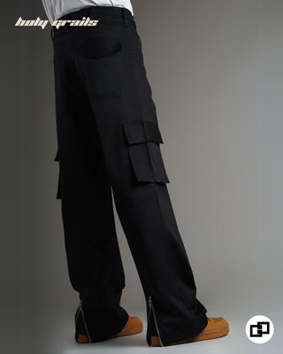 Streetwear Style 'Zipper Flared Black Cargo' Oversized Fit Premium Fabric Pants HG x Grey Hound Clothing - Side 2 Back