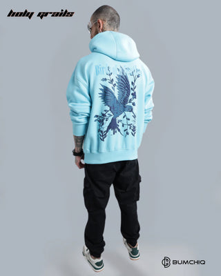 Guy Standing in Streetwear 'Birds Of Feather' Light Blue 350-370 GSM 100% Cotton Puff Print Oversize Hoodie HG x Bumchiq - Back Full