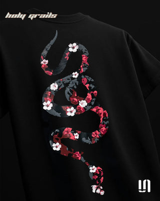 Streetwear 'Bloomed Snake' Black 240 GSM French Terry Lycra Puff Print Oversize Tee HG x Sullitt - Back Close Up