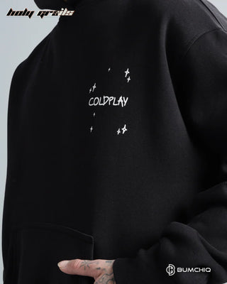 Streetwear 'Coldplay' Black 350-370 GSM 100% Cotton Printed Oversize Hoodie HG x Bumchiq - Front Print Close Up