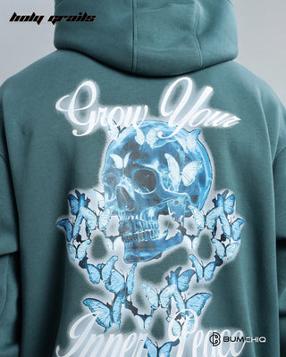 Guy in Streetwear 'Glowing Skull' Dark Teal 350-370 GSM 100% Cotton DTF Print Oversize Hoodie HG x Bumchiq - Back Print Close Up