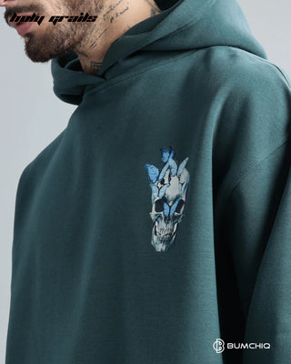 Guy in Streetwear 'Glowing Skull' Dark Teal 350-370 GSM 100% Cotton DTF Print Oversize Hoodie HG x Bumchiq - Front Print Close Up